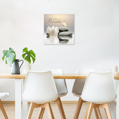 EOBTAIN Zen Flower Canvas Wall Art Bathroom Butterfly and Water Lily Stone Relaxing Spiritual Yoga Framed Wall Art Just Breathe Pictures Canvas Wall Decor for Living Room Bedroom,12x16 Inches