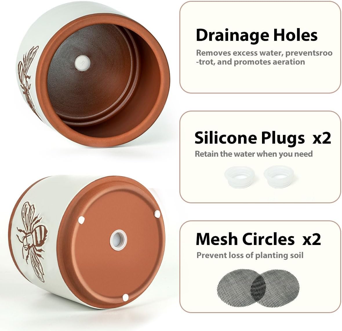 YBX 8 Inch + 6 Inch Ceramic Plant Pots, Succulent Flower Pots with Drainage Holes, Terracotta Planters for Indoor Plants, White&Terracotta (Garden)