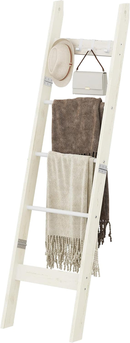 Hzuaneri Blanket Ladder for Living Room, Decorative Quilt Rack with 4 Removable Hooks, 5-Tier Farmhouse Ladder Holder Shelf Organizer for Bedroom, Rustic Brown and Black 02101BBR