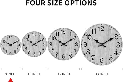 Wall Clock, Rustic Wall Clocks Battery Operated Silent Non Ticking, Country Round Wooden Clocks Farmhous Wall Decorative for Kitchen, Bathroom, Living Room (Gray 8 Inch)