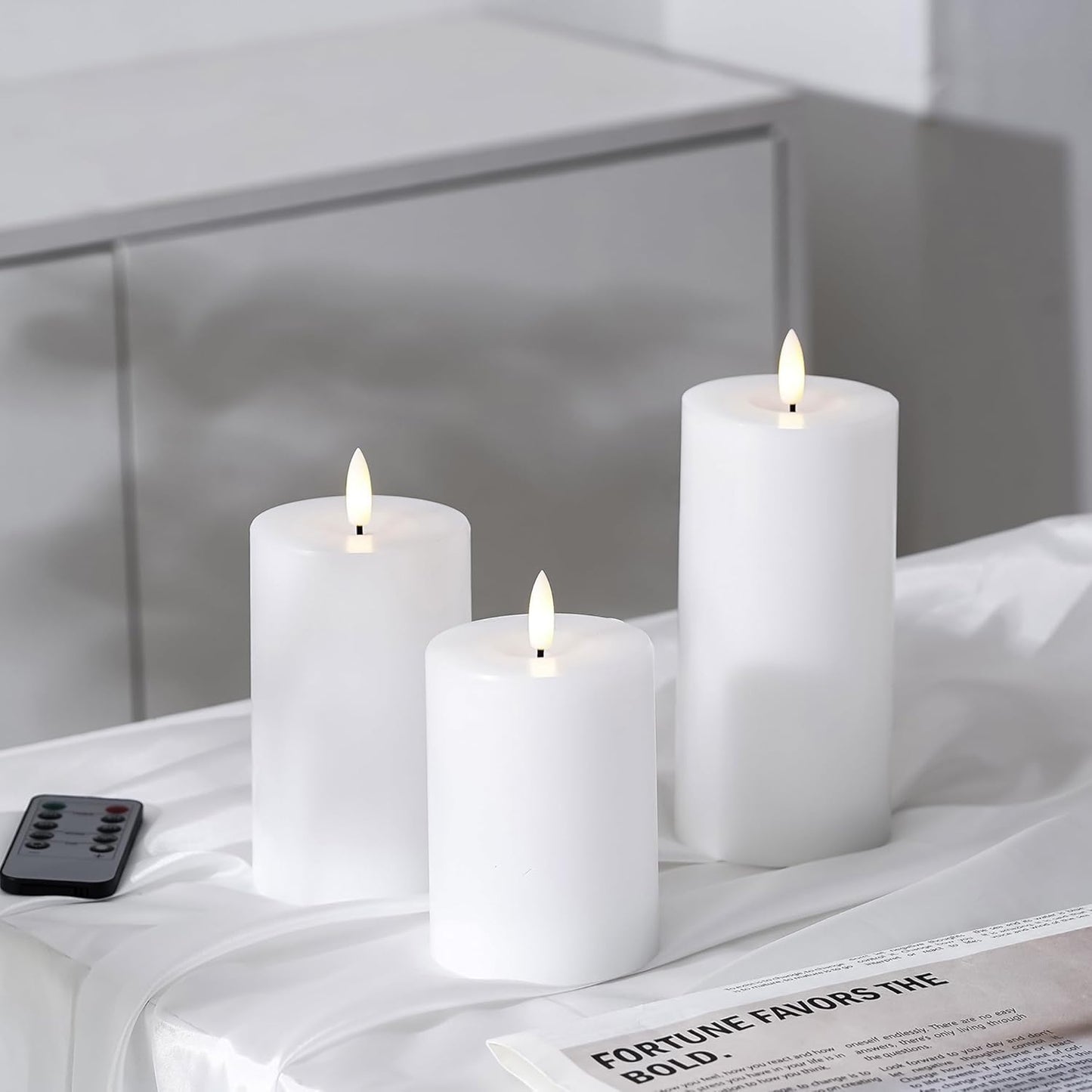 Stmarry Ivory Flameless Candles with Remote and Timer, Real Wax Made LED Pillar Candles Battery Operated with 3D Flickering Flame - 3" x 4",5",6" - Set of 3