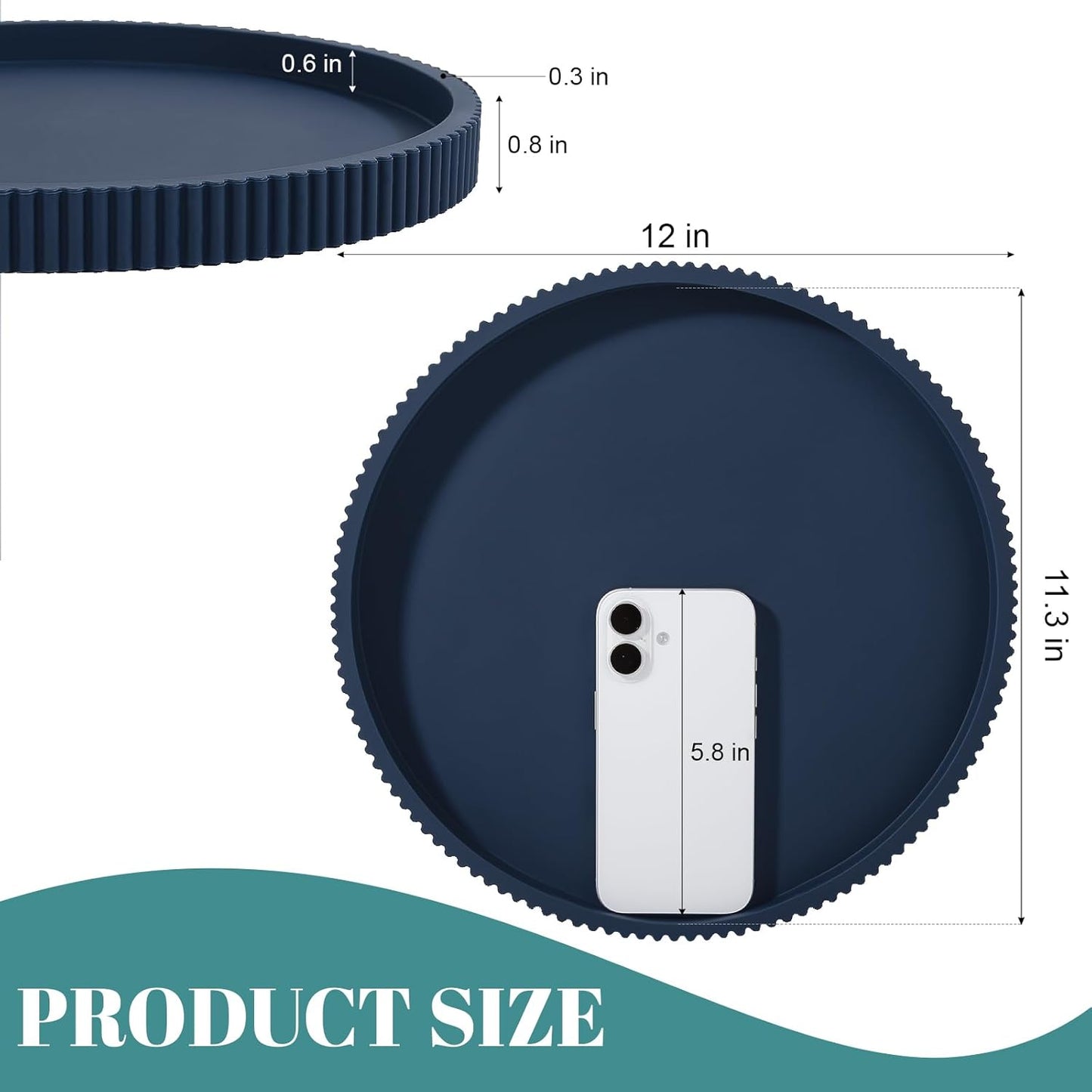 Silicone Bathroom Tray Round Kitchen Counter Organizer Decorative Vanity Accessories Coffee Table Decor for Perfume, Candle, Soap Dish, 9 Inch, Black