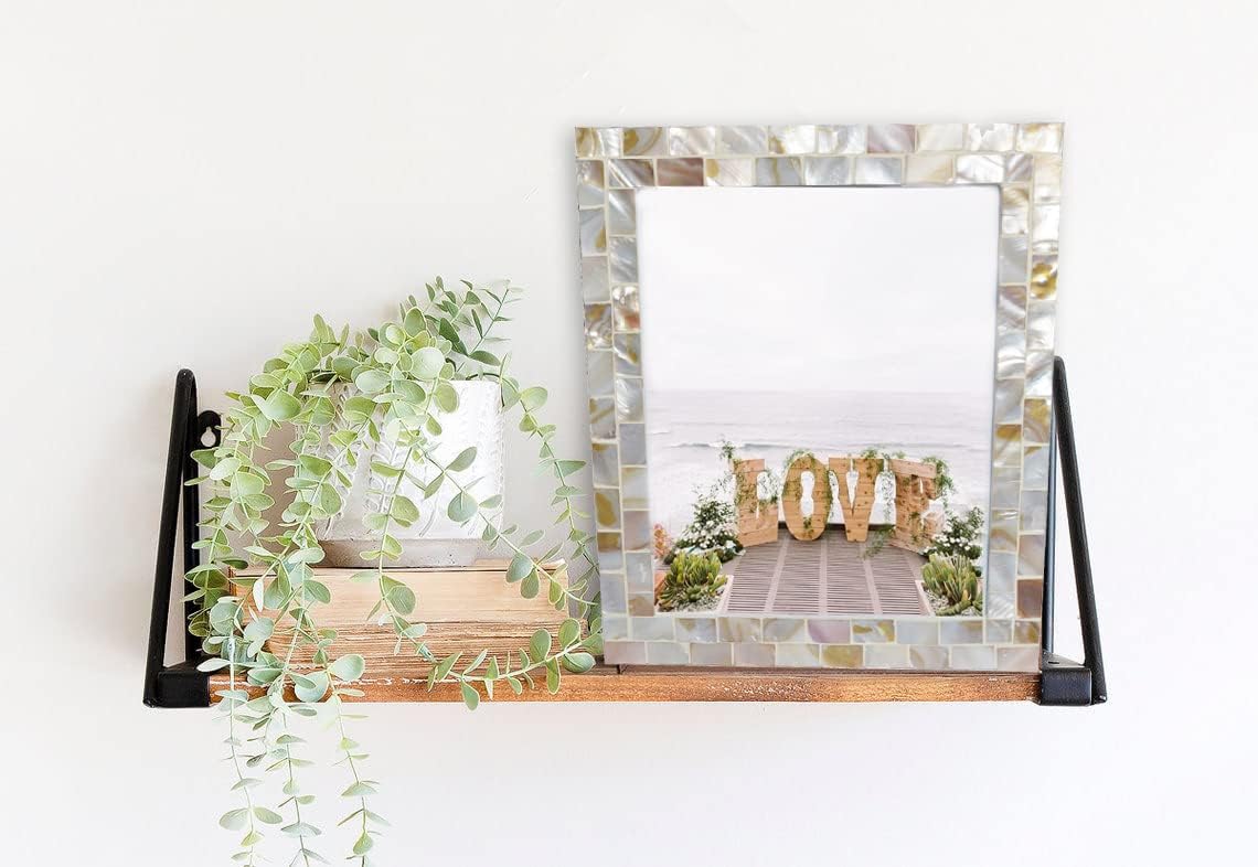 Silver Plate Picture Frame 5x7 Mother of Pearl 5 by 7 Photo Frame Mosaic Glass Tabletop Frame (Grey+ White,1pc)