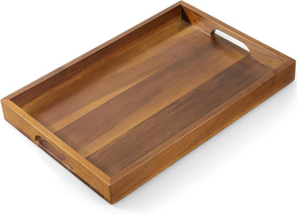 17 Inch Acacia Wood Serving Tray with Handles, Large Wooden Tray for Ottoman, Breakfast in Bed, Coffee Table, Dinner, Perfect for Living Room Bedroom Entryway and Kitchen