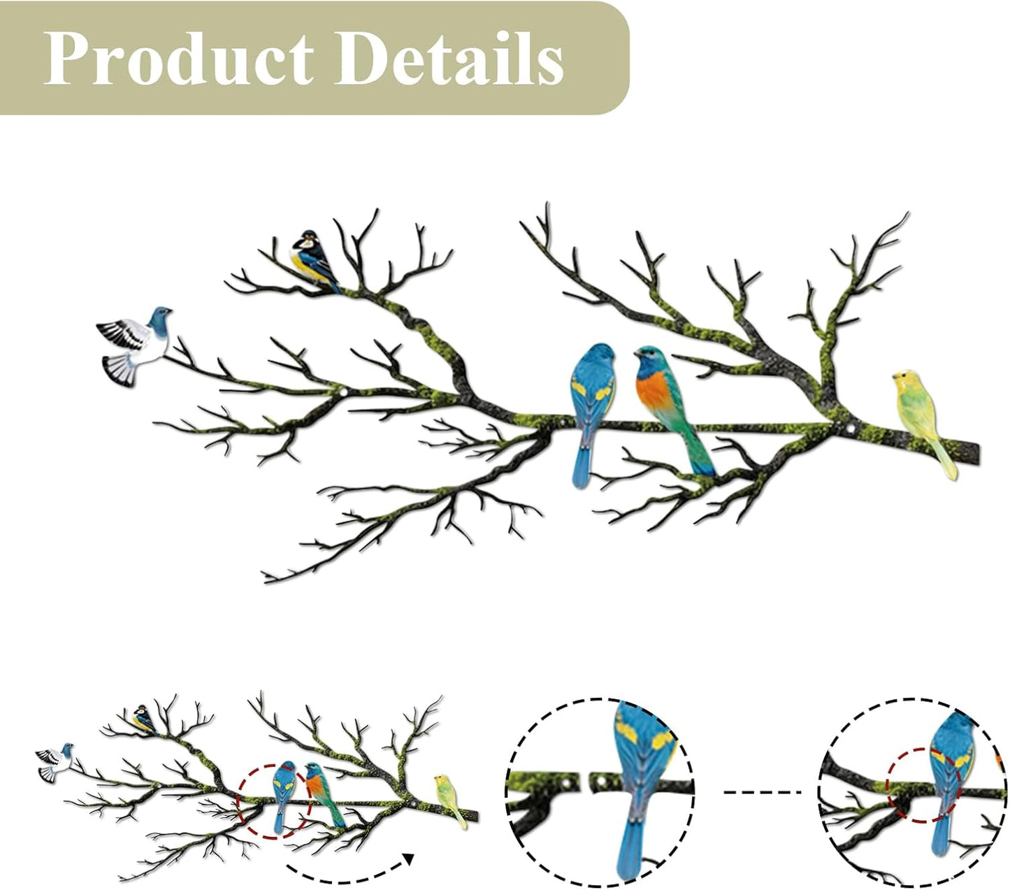 Metal Birds Wall Art, Metal Vivid Birds on Branch Silhouette Wall Decor Black Leaves with Bird Outdoor Hanging Wall Sculpture for Home Balcony Garden(Large)