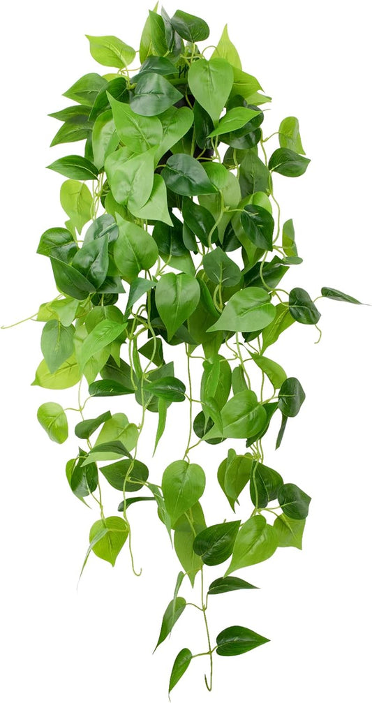 LOYWREE Small Fake Hanging Plant Artificial Potted Plants for Indoor Outdoor Aesthetic - 39in Realistic Faux Hanging Pothos with Ivy Vine for Shelf Decor in Home Office Gardens Greenery (Black Pot)
