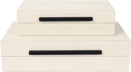 Beige Shagreen Decorative Storage Boxes – Set of 2 Faux Leather Jewelry & Memory Boxes with Black Metal Handles, Nesting Photo Organizers for Home Decor, Gift, and Office Organization