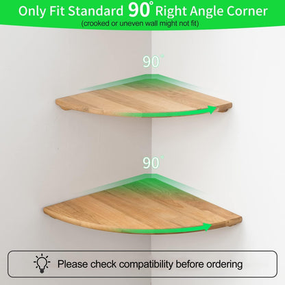 Corner Shelves, Floating Corner Shelf, Set of 2 7inch Solid Oak Wood Wall Shelves, Round End Wall Mount with Wire Hole Shelving for Small Plant for Bedroom Kitchen, Living Room
