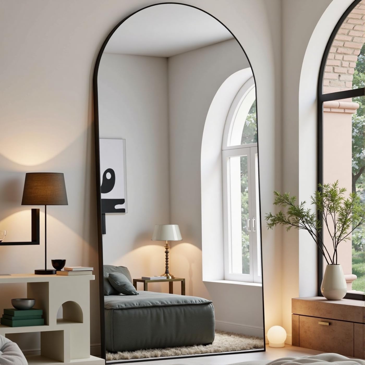 Dewfig Arched Full Length Mirror, 76"x34" Large Floor Mirror, Full Body Mirrors for Leaning or Hanging, Standing Mirrors for Bedroom, Living Room,Dressing Room, Aluminum Alloy Frame, Black
