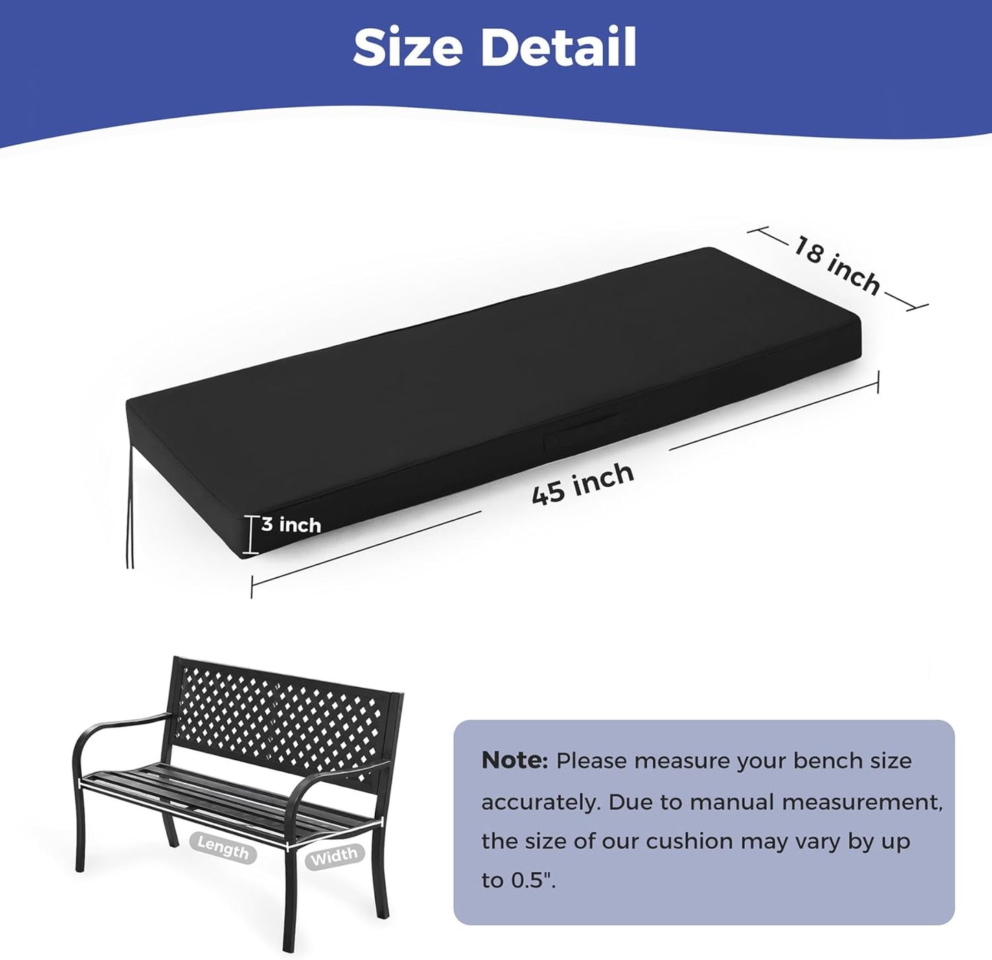 IPYNBAP Outdoor Bench Cushions for Outdoor Furniture, 48x18x3 Inch, Waterproof Bench Pillow, Fade Resistant Long Bench Seat Pads for Garden, Indoor, Porch Swing, Navy Blue