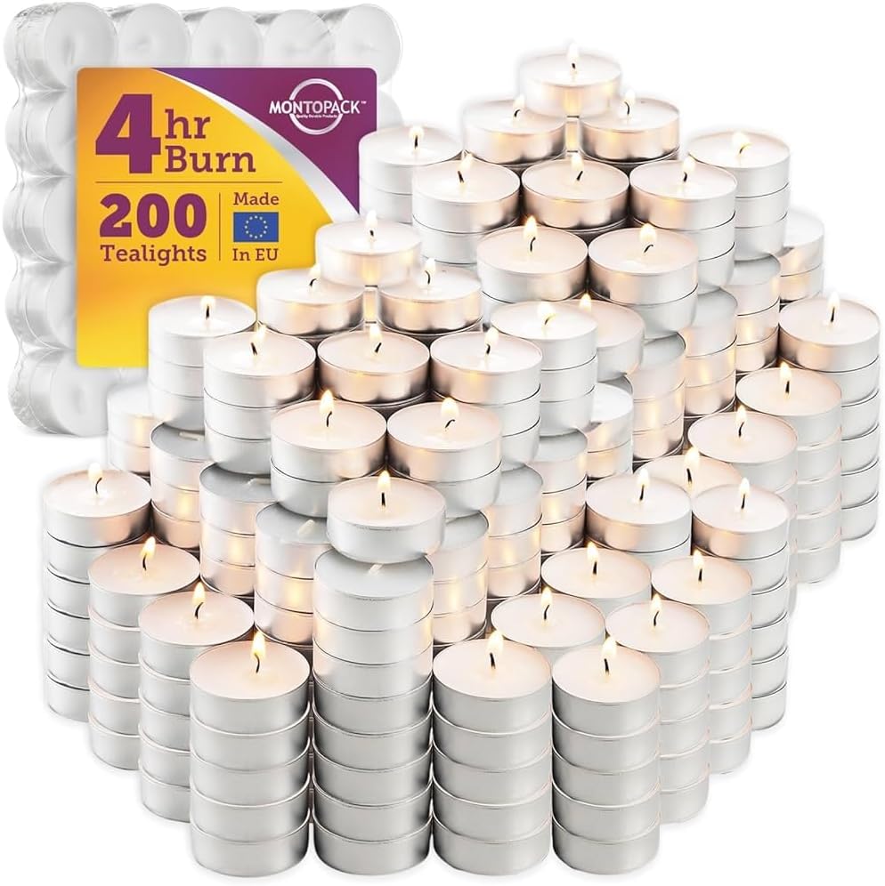 MontoPack Unscented Tea Light Candles 45 Pack | 4 Hours, White, Smokeless, Dripless Small Votive Paraffin Tealights | Long-Lasting for Home, Shabbat, Weddings, Events, Emergencies | Mini Candles Bulk