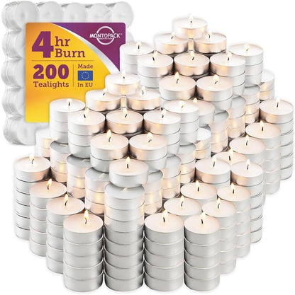 MontoPack Unscented Tea Light Candles 45 Pack | 4 Hours, White, Smokeless, Dripless Small Votive Paraffin Tealights | Long-Lasting for Home, Shabbat, Weddings, Events, Emergencies | Mini Candles Bulk