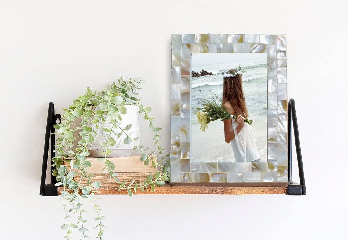 Silver Plate Picture Frame 5x7 Mother of Pearl 5 by 7 Photo Frame Mosaic Glass Tabletop Frame (Grey+ White,1pc)