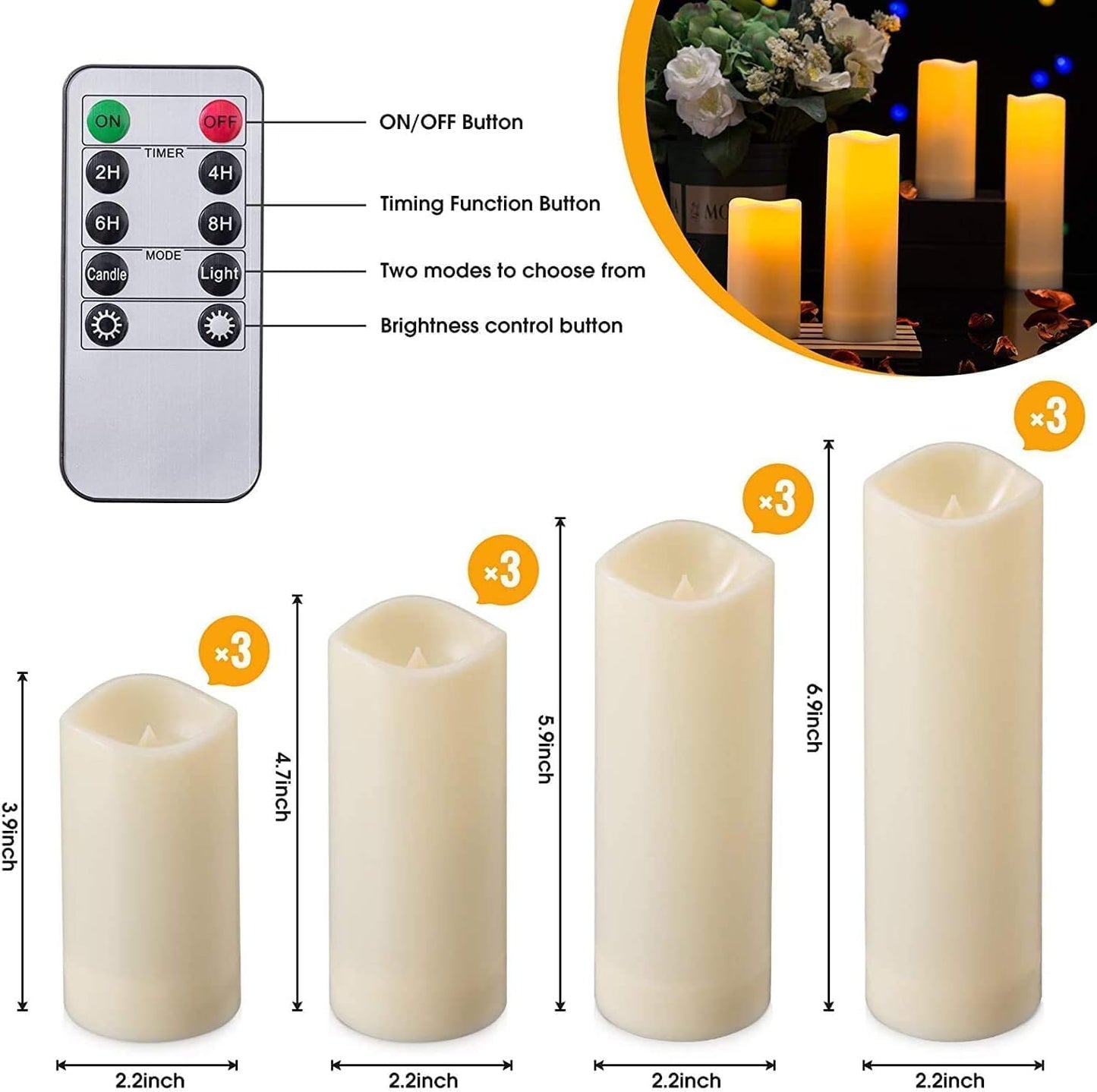 48- Pack of 3 Sizes of LED Flameless Candles.This Candle is Suitable for café, Fancy Restaurant, Bookstore and Other Scenes to Create a Relaxing and Romantic Atmosphere.
