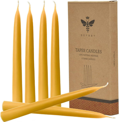 Natural Beeswax Taper Candles, DEYBBY Smokeless and Dripless Beeswax Candles, Long Lasting Burning, Nontoxic, 8 inch, 6 Pack
