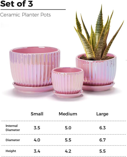 Ton Sin Pink Gold Ceramic Flower Pots, 4"+5"+6" Inch Small Glazed Succulent Planters with Drainage Hole,Modern Indoor Decorative Plant Pots Set of 3,Garden Pots with Saucer