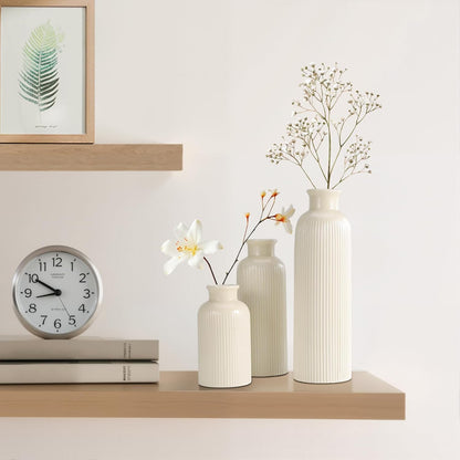 Small White Ceramic Vase Set of 3, Boho Modern White Flower Vase Room Decor, Farmhouse Decor, Vases for Your Kitchen, Bathroom, Bedroom, Living Room, Office&Shelf Centerpiece Table Decorations