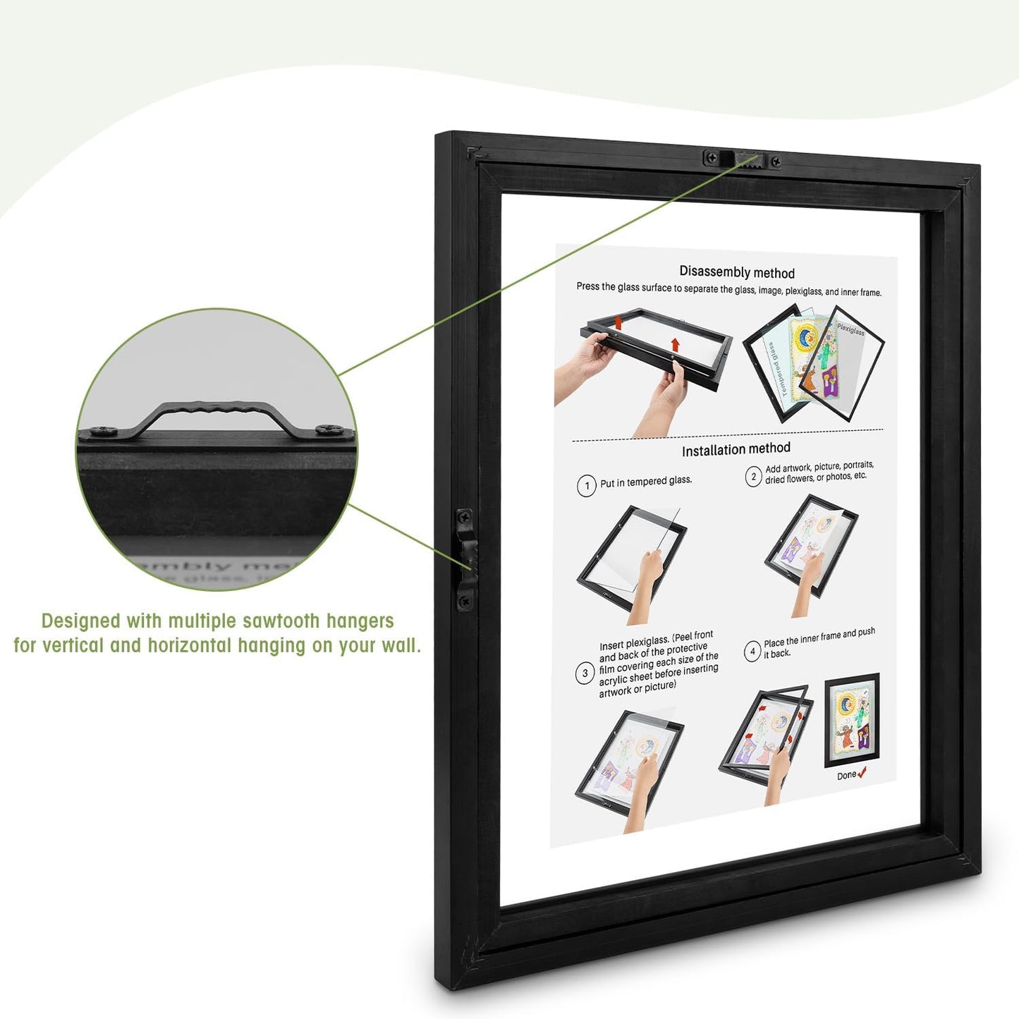 Golden State Art, 11X14 Floating Picture Frame, Black Wood Frame Display Any Size Photo Up To 11X14, Pressed Flower Frames with Hanging Hardware - Horizontal And Vertical Formats for Wall