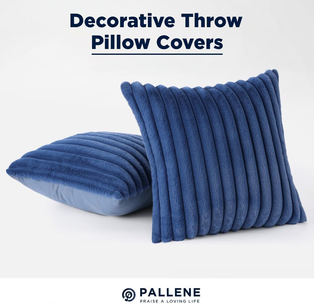 Pallene Faux Fur Plush Throw Pillow Covers 18x18 Set of 2, Luxury Soft Fluffy Striped Decorative Pillow Covers for Sofa, Couch, Living Room, Cream White