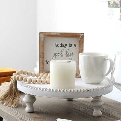 SwallowLiving Rustic Round Wood Tray Riser Farmhouse Pedestal Stand With Beaded Edge for Decor Wooden Finish Cupcake Display for Cakes and Decorative Items 11.8 inches
