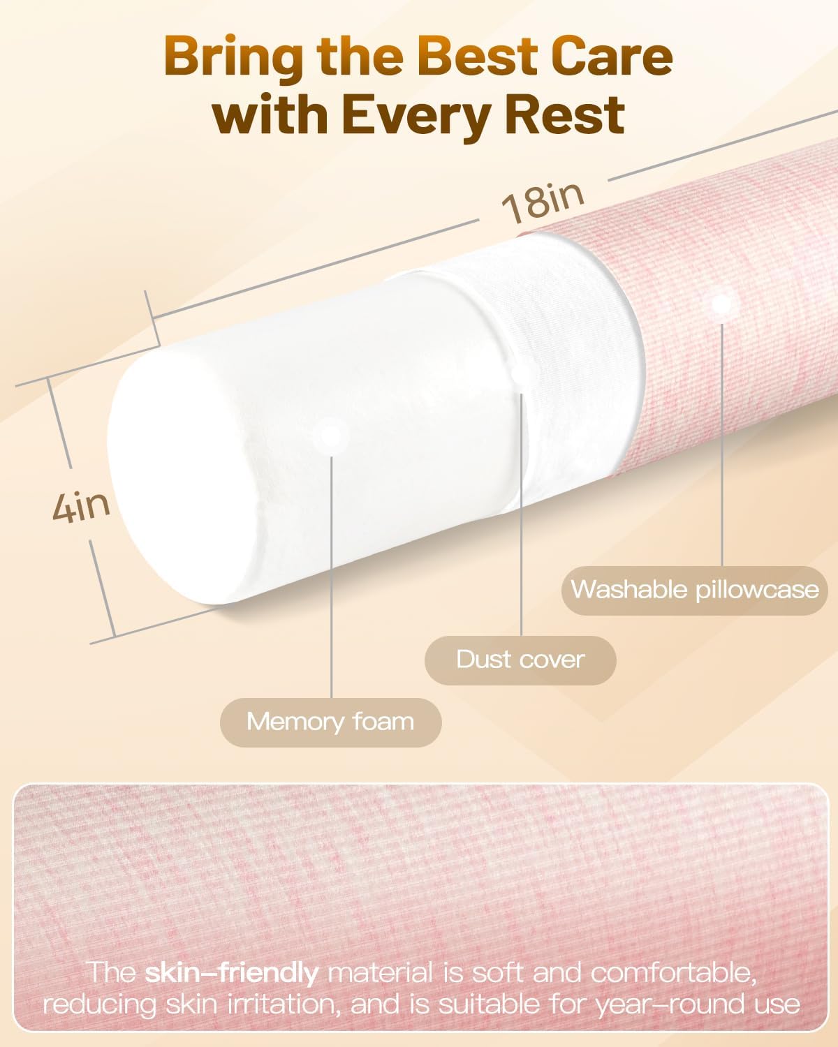 Memory Foam 4" Round Pillow, Cervical Neck Pillow for Pain Relief, Cylinder Pillows 18"x 4", Removable Cover, Neck Roll Pillow for Sleeping, Velvet Dots, Pink