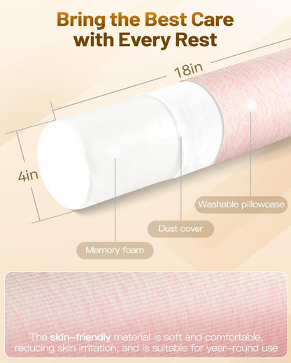 Memory Foam 4" Round Pillow, Cervical Neck Pillow for Pain Relief, Cylinder Pillows 18"x 4", Removable Cover, Neck Roll Pillow for Sleeping, Velvet Dots, Pink