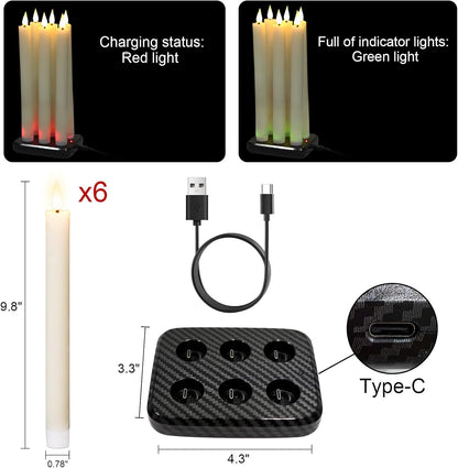 GenSwin Flameless Ivory Taper Candles Flickering with 10-Key Remote, Battery Operated Led Warm 3D Wick Light Window Candles Real Wax Pack of 6, Christmas Home Wedding Decor(0.78 X 9.64 Inch)