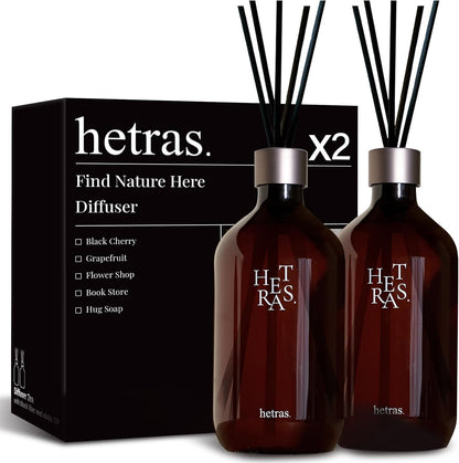 hetras Premium Reed Diffuser Set 16.9 fl.oz. 2 Pack | Hotel Wood - Woody & Musk Scent | Large Luxury Home Fragrance with 10 Reed Sticks | Decor for Home & Office | Gift for Loved Ones