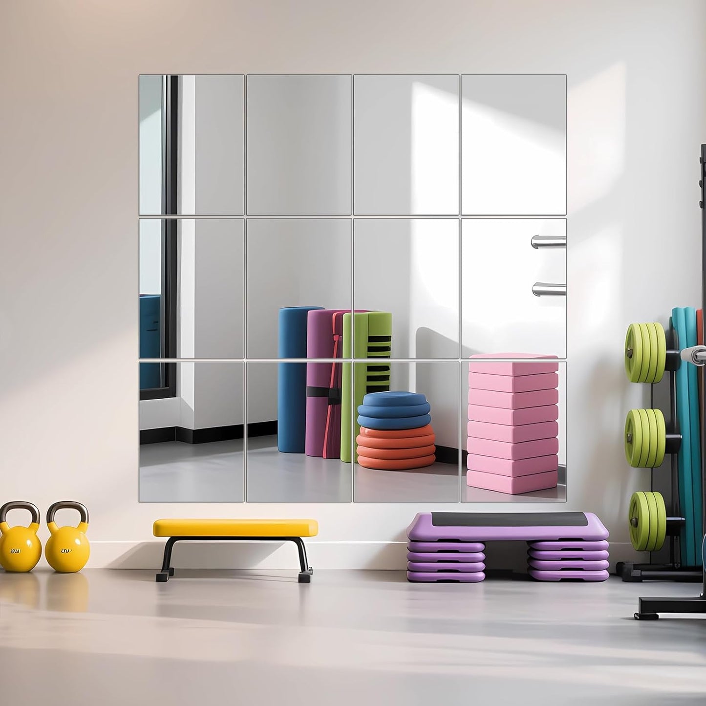 Ruomeng Home Gym Mirrors 12 Inch x 12Pcs Wall Mounted Mirror Glass Frameless Full Length Mirror Tiles for Home Gym, Bedroom, Door & Bathroom