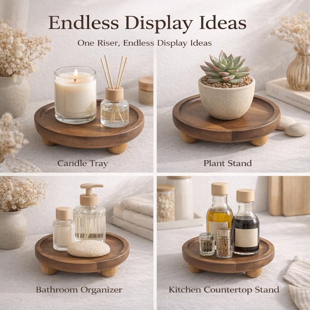 Wooden Riser for Display, 7 Inch Round Wood Riser Pedestal Stand, Small Round Wooden Tray & Wood Pedestal Tray, Elevated Tray for Candles Plants Bottles Vases, Farmhouse Tabletop Entry Table Centerpiece Decor
