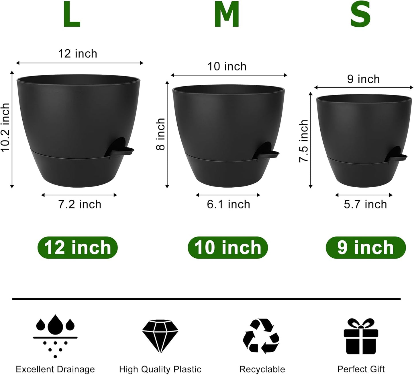 QRRICA Plant Pots 10/9/8/7.5/7 Inch Self Watering Pots, Set of 5 Plastic Planters with Drainage Holes and Saucers,Plastic Flower Pots,Nursery Planting Pot for Indoor Out Door Plants（Green）