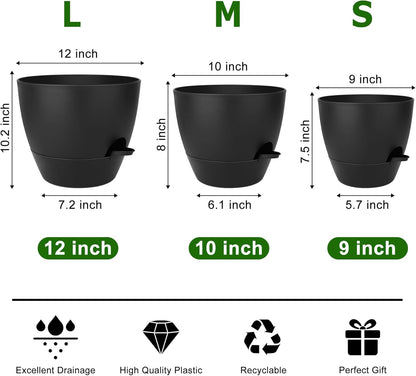 QRRICA Plant Pots 10/9/8/7.5/7 Inch Self Watering Pots, Set of 5 Plastic Planters with Drainage Holes and Saucers,Plastic Flower Pots,Nursery Planting Pot for Indoor Out Door Plants（Green）