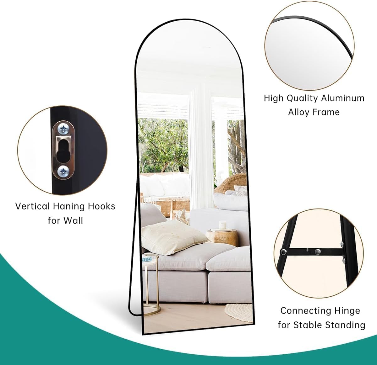 Dewfig Arched Full Length Mirror, 76"x34" Large Floor Mirror, Full Body Mirrors for Leaning or Hanging, Standing Mirrors for Bedroom, Living Room,Dressing Room, Aluminum Alloy Frame, Black