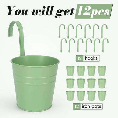 HowRU Metal Iron Flower Pots for Railing Fence Hanging Bucket Pots(5 Pcs) and Hanging Flower Pots Metal Iron Bucket Planter(10 Pcs) (Black)