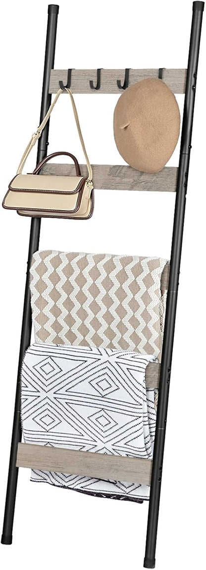 HOOBRO Blanket Ladder, 5-Tier Towel Rack with Hooks, Wall-Leaning Blanket Rack, Decorative Display Ladder Shelf, for Scarves, Industrial, Living Room, Bedroom, Rustic Brown and Black BF52CJ01