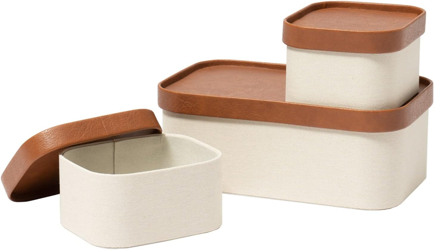 LA JOLIE MUSE Fluted Cardboard Storage Baskets with Leather-Like Lids, Sturdy Stackable Paper Boxes Decorative Tray, Chocolate Brown, Set of 3