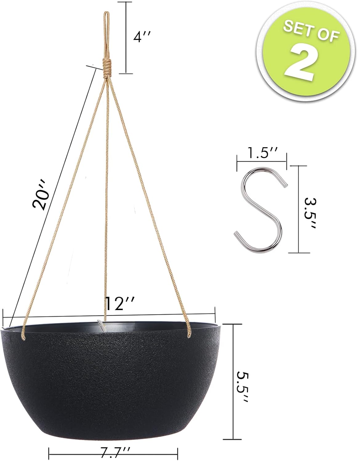 SwinDuck 13 Inch 2 Pack Large Hanging Planters for Indoor Outdoor Plants, Plastic Hanging Basket Pots for House Plants Flowers, White
