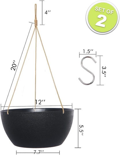 SwinDuck 13 Inch 2 Pack Large Hanging Planters for Indoor Outdoor Plants, Plastic Hanging Basket Pots for House Plants Flowers, White
