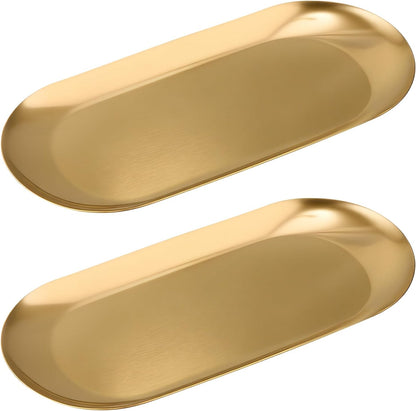 Vaincre Gold Decorative Jewelry Tray - 2PCS Stainless Steel Oval Trinket Ring Holder Dish, 7” Small Bathroom Vanity Kitchen Jewelry Plate Tray Decor for Storing Perfumes, Cosmetics, Candles, Key