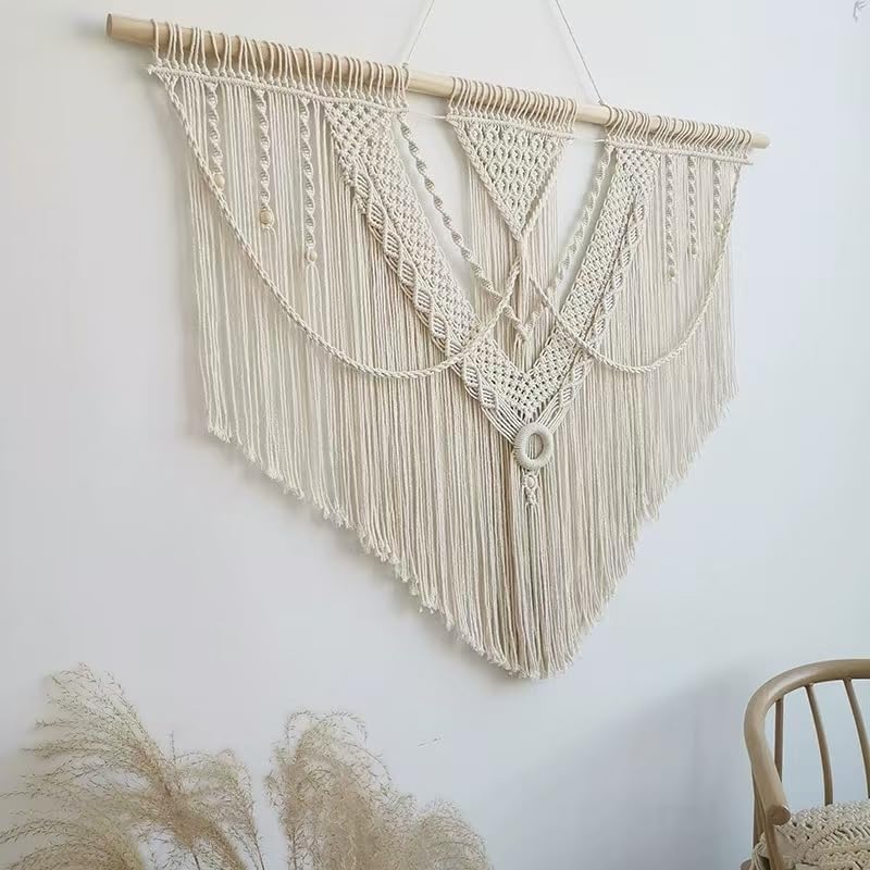 oiikain Large Handmade Boho Macrame Wall Hanging Tapestry - Chic Bohemian Woven Home Decor art for Living Room, Bedroom, and Wedding Parties (Beige, twelve rhombus)