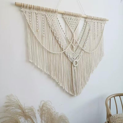 oiikain Large Handmade Boho Macrame Wall Hanging Tapestry - Chic Bohemian Woven Home Decor art for Living Room, Bedroom, and Wedding Parties (Beige, twelve rhombus)