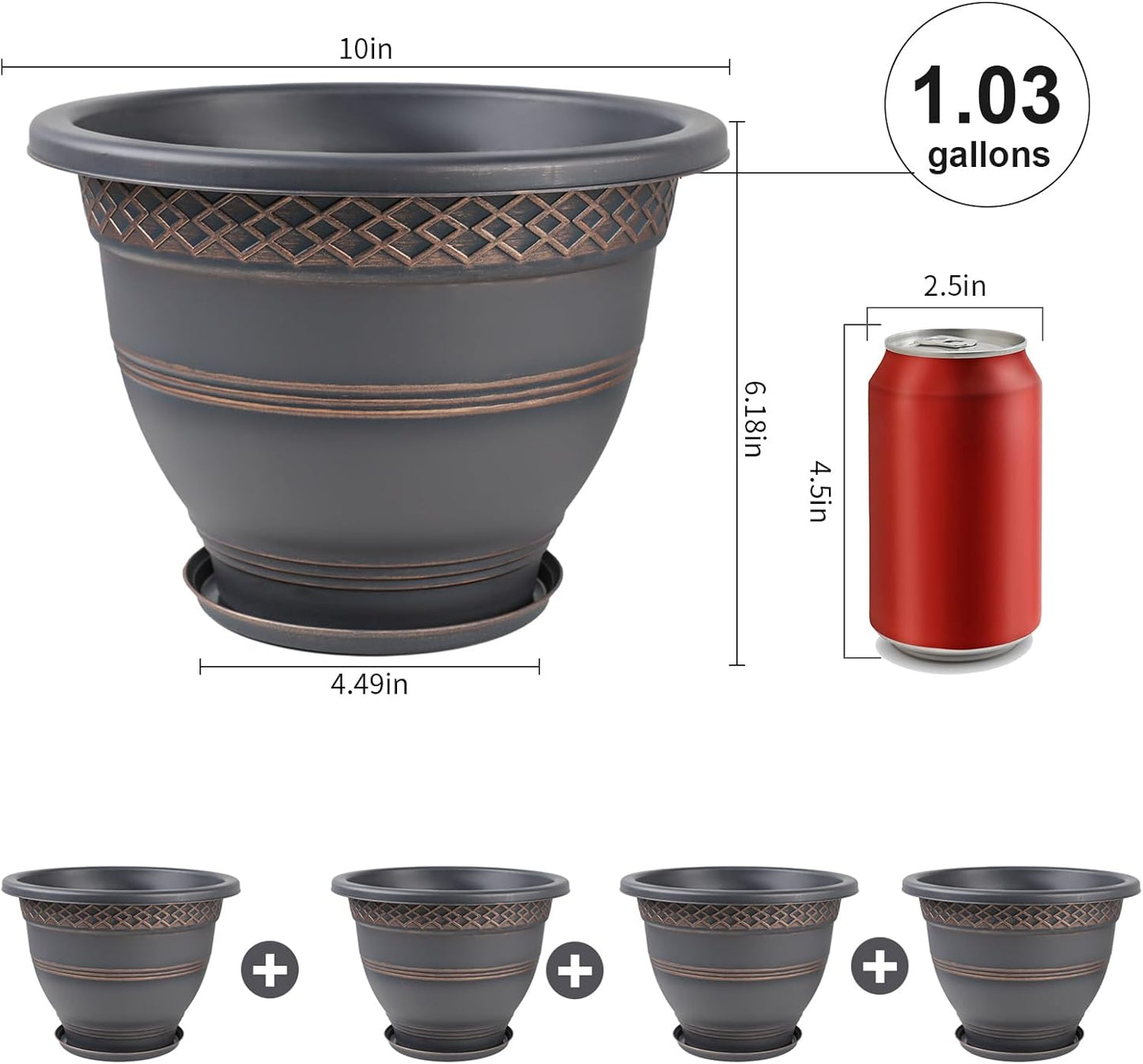 Usocik 10 Inch 4 Pack Plant Pots, Plastic Flower Pot for Indoor & Outdoor with Drainage Holes & Saucer, Plaid Pattern Planters Garden Pots for Herbs