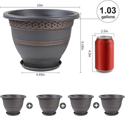 Usocik 10 Inch 4 Pack Plant Pots, Plastic Flower Pot for Indoor & Outdoor with Drainage Holes & Saucer, Plaid Pattern Planters Garden Pots for Herbs