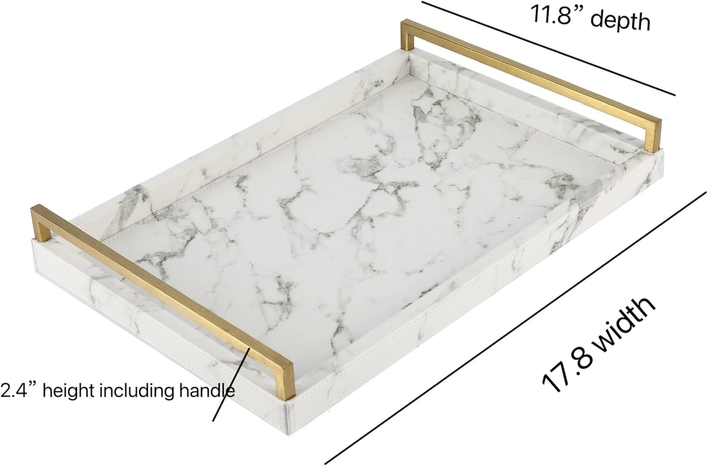Ivory Shagreen Leather Serving Tray with Gold Handles-17.7x11.8 Inch Large Wooden Decorative Ottoman Tray fro Coffee Table, Kitchen, Dining, and Home Decor (Ivory)