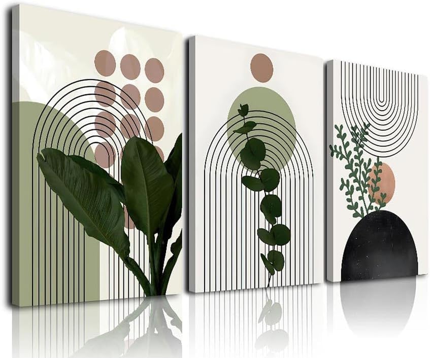 Sage Green Boho Wall Art Set of 3, Minimalist Framed Wall Art Geometric Line Leaf Sun Moon Beige Green Canvas Artwork Paintings, Abstract Botanical Boho Room Decor, Office, 12"x16"