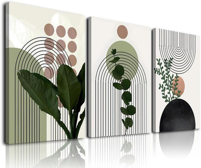 Sage Green Boho Wall Art Set of 3, Minimalist Framed Wall Art Geometric Line Leaf Sun Moon Beige Green Canvas Artwork Paintings, Abstract Botanical Boho Room Decor, Office, 12"x16"