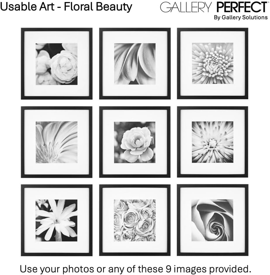 Gallery Perfect 12x12 Picture Frames, 9 Piece Set with Real Glass Cover for 8x8 Photos With Mat, Picture Frames Collage Wall Decor for Gallery Wall, Home Decor, Black