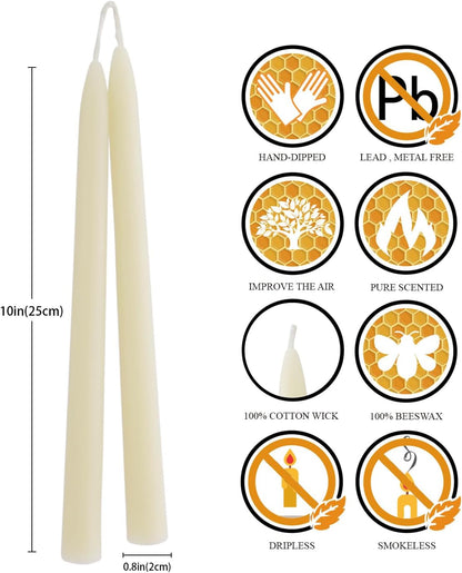 8'' Natural Ivory White Beeswax Taper Candles Set of 6, DEYBBY Smokeless and Dripless Beeswax Candles, Long Lasting Burning