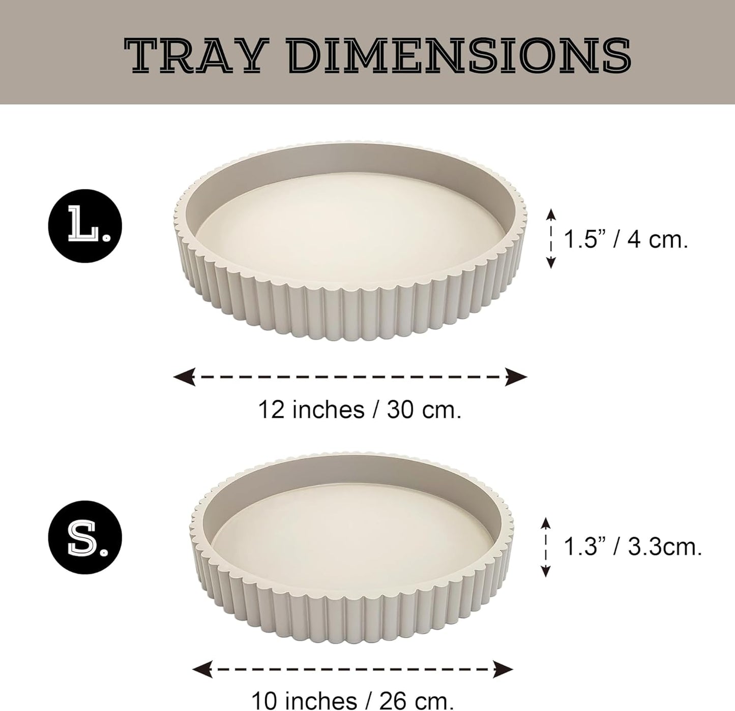 Modern Table Round Decorative Trays 2pcs Home Decor - Circle Coffee Table Centerpiece Set 12"/10" - Wooden Cool Grey Ottoman Tray with Fluted Edge