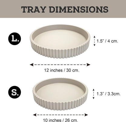 Modern Table Round Decorative Trays 2pcs Home Decor - Circle Coffee Table Centerpiece Set 12"/10" - Wooden Cool Grey Ottoman Tray with Fluted Edge